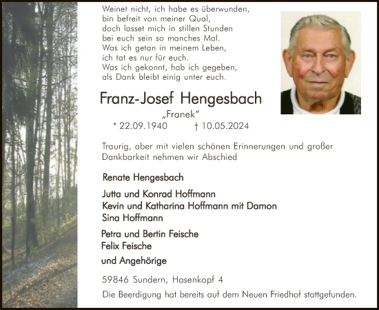 Todesanzeige von Franz-Josef Hengesbach von WA