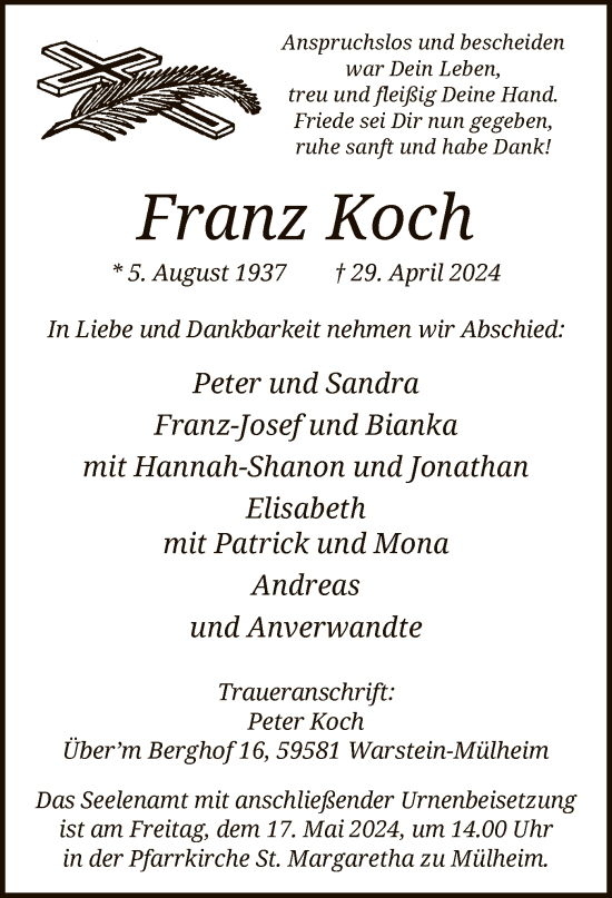 Todesanzeige von Franz Koch von WA