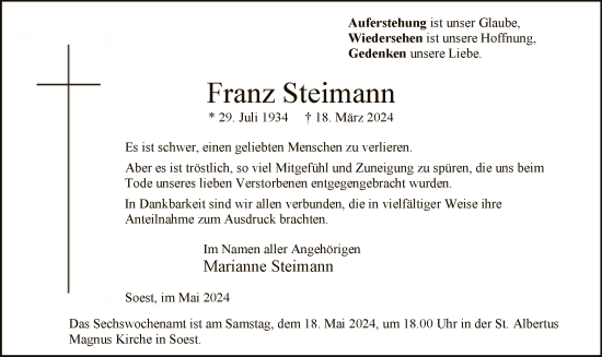 Todesanzeige von Franz Steimann von WA