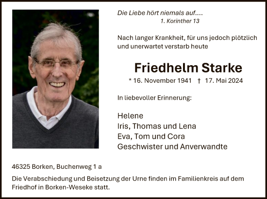 Todesanzeige von Friedhelm Starke von WA