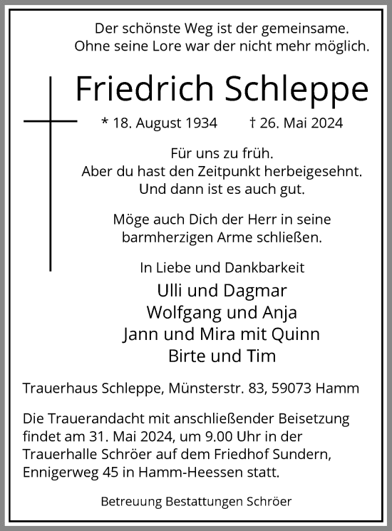 Todesanzeige von Friedrich Schleppe von WA