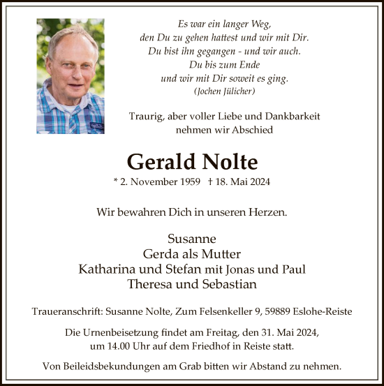 Todesanzeige von Gerald Nolte von WA
