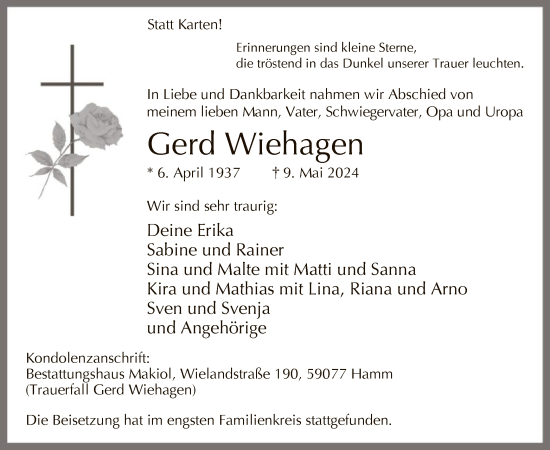 Todesanzeige von Gerd Wiehagen von WA