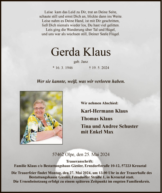 Todesanzeige von Gerda Klaus von WA
