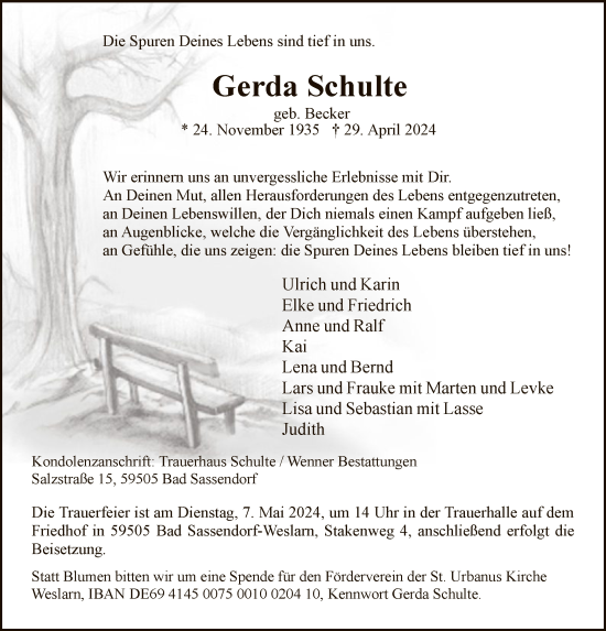 Todesanzeige von Gerda Schulte von WA