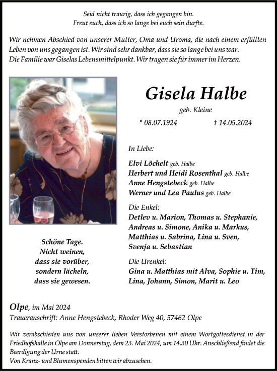 Todesanzeige von Gisela Halbe von WA
