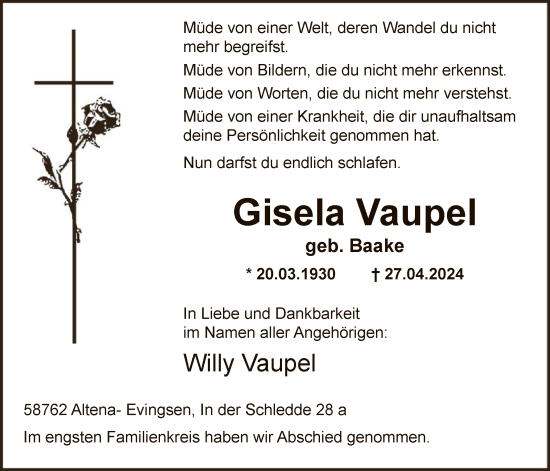 Todesanzeige von Gisela Vaupel von WA
