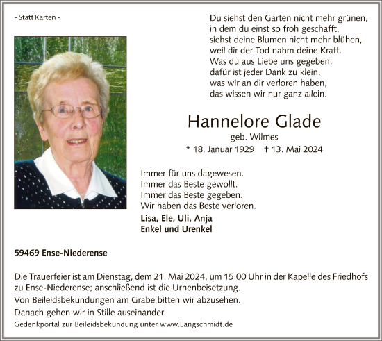 Todesanzeige von Hannelore Glade von WA