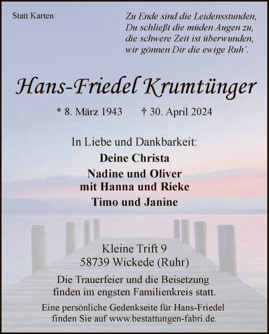 Todesanzeige von Hans-Friedel Krumtünger von WA