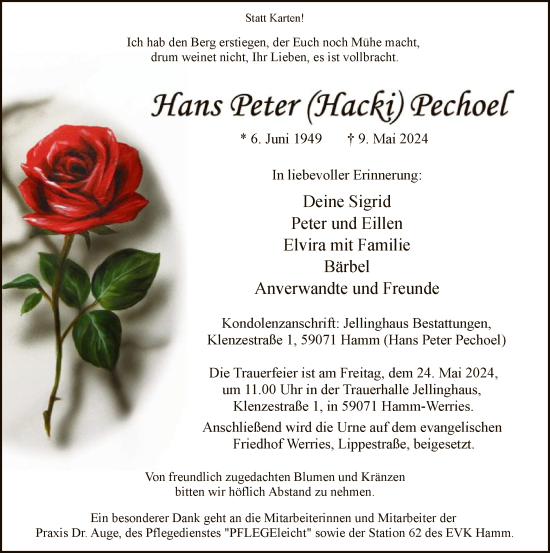Todesanzeige von Hans Peter Pechoel von WA