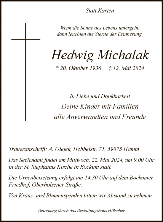 Todesanzeige von Hedwig Michalak von WA