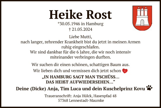 Todesanzeige von Heike Rost von WA
