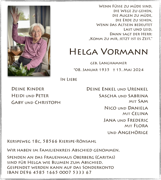 Todesanzeige von Helga Vormann von WA