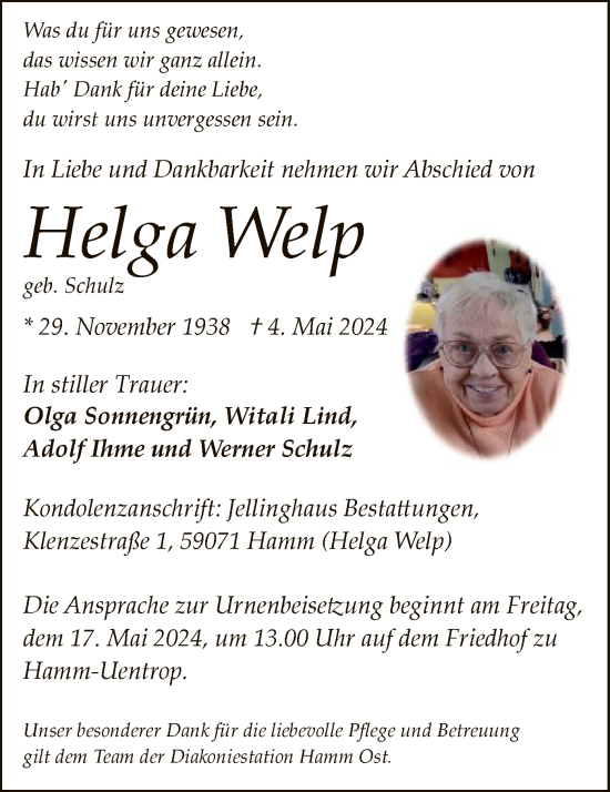 Todesanzeige von Helga Welp von WA