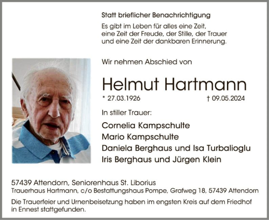 Todesanzeige von Helmut Hartmann von WA