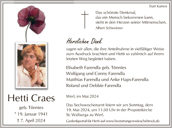 Todesanzeige von Hetti Craes von WA