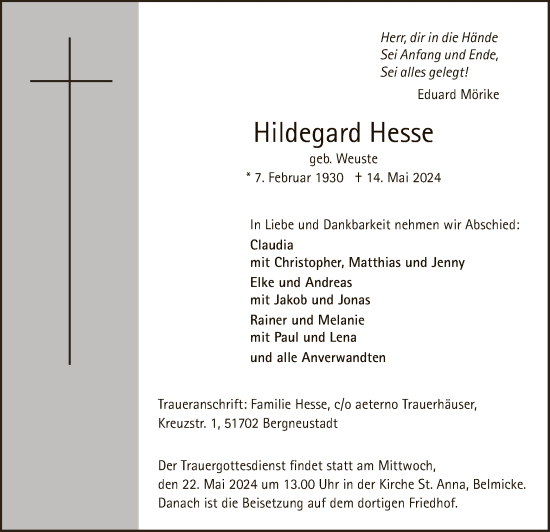 Todesanzeige von Hildegard Hesse von WA