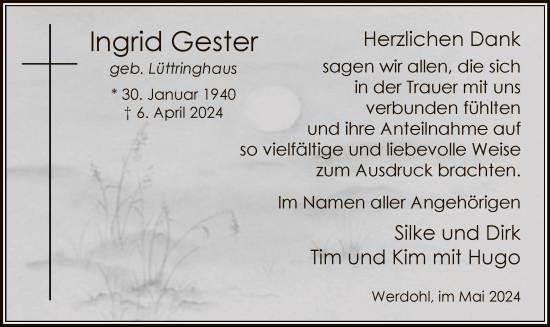 Todesanzeige von Ingrid Gester von WA