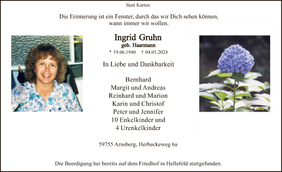 Todesanzeige von Ingrid Gruhn von WA