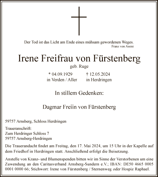 Todesanzeige von Irene Freifrau von Fürstenberg von WA