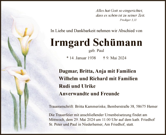 Todesanzeige von Irmgard Schümann von WA