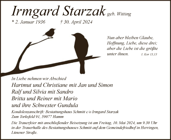 Todesanzeige von Irmgard Starzak von WA