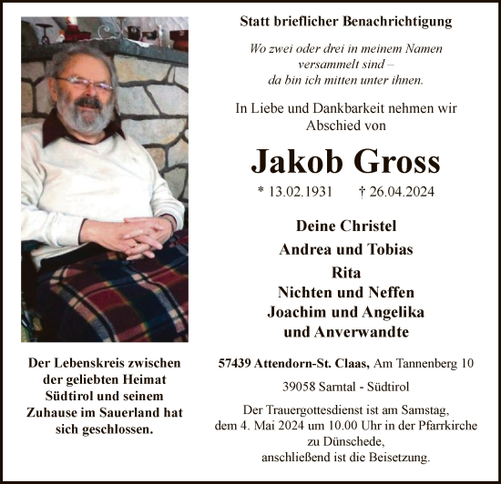 Todesanzeige von Jakob Gross von WA