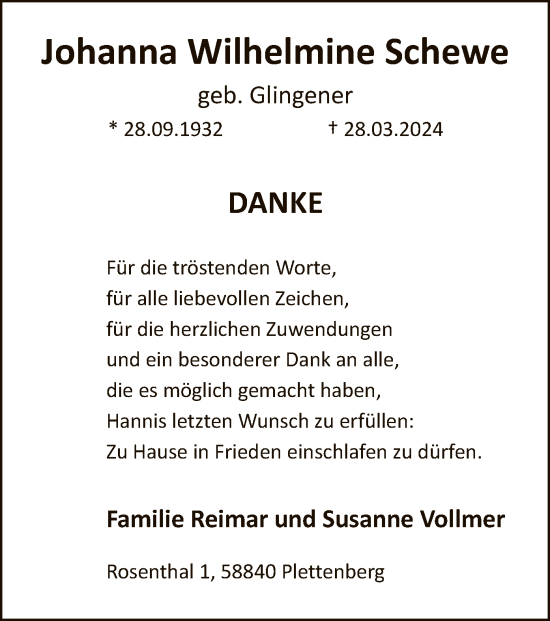 Todesanzeige von Johanna Wilhelmine Schewe von WA