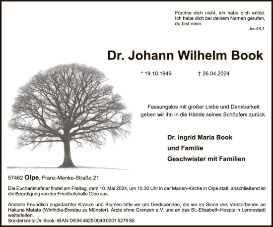 Todesanzeige von Johann Wilhelm Book von WA