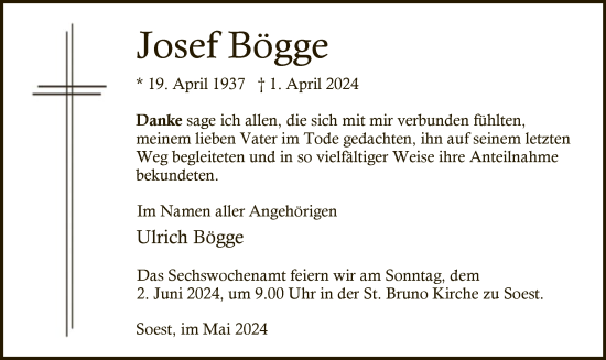 Todesanzeige von Josef Bögge von WA