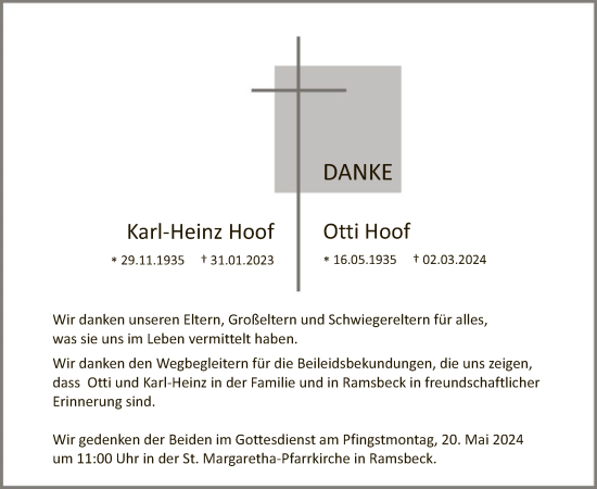 Todesanzeige von Karl-Heinz und Otti Hoof von WA
