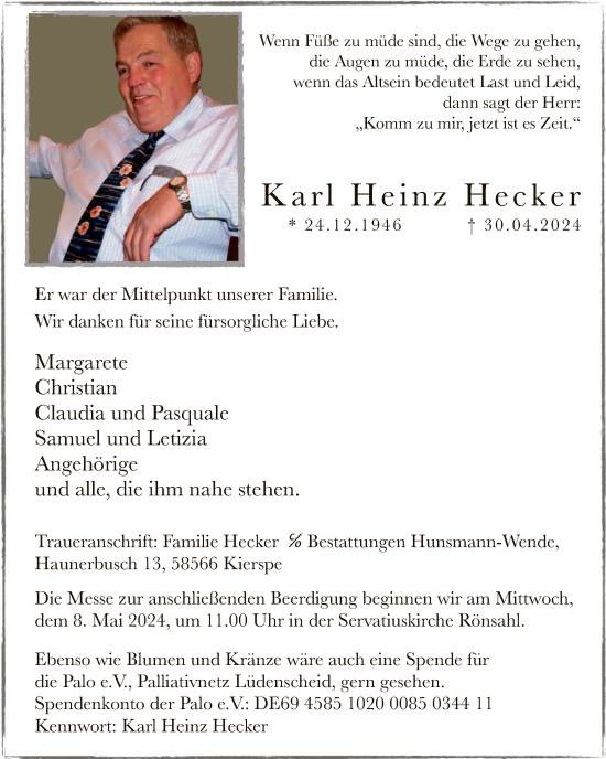 Todesanzeige von Karl Heinz Hecker von WA
