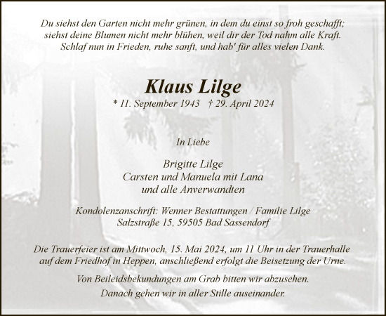 Todesanzeige von Klaus Lilge von WA