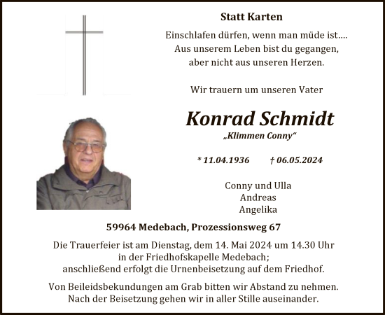 Todesanzeige von Konrad Schmidt von WA
