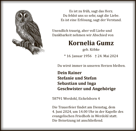 Todesanzeige von Kornelia Gumz von WA