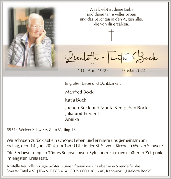 Todesanzeige von Lieselotte Bock von WA