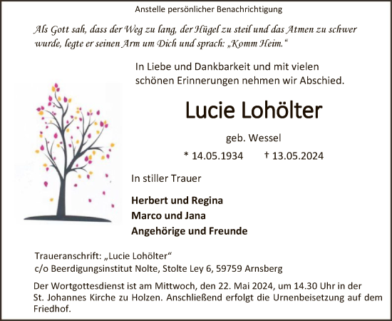 Todesanzeige von Lucie Lohölter von WA