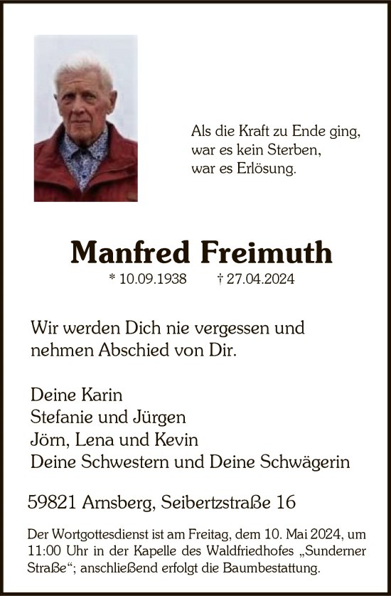 Todesanzeige von Manfred Freimuth von WA