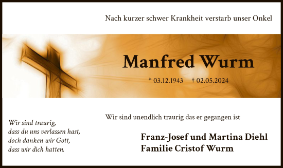 Todesanzeige von Manfred Wurm von WA