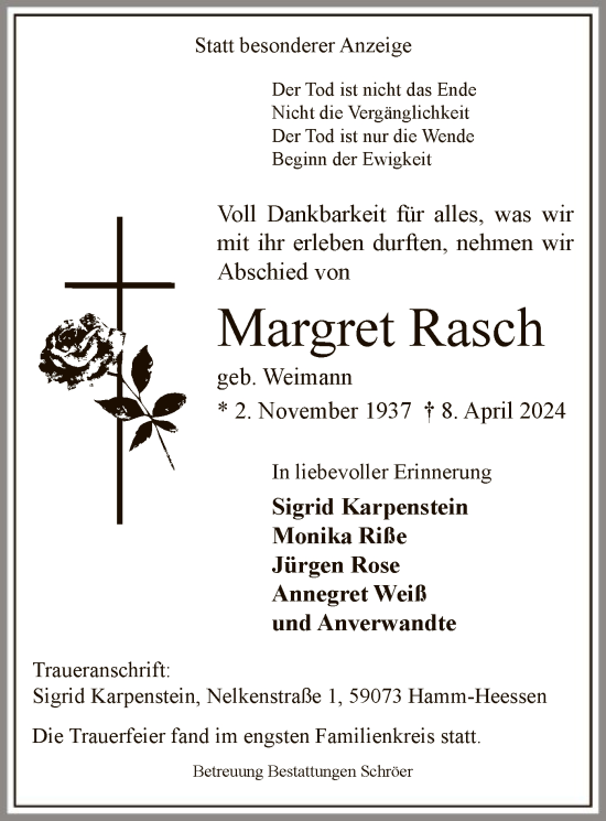 Todesanzeige von Margret Rasch von WA