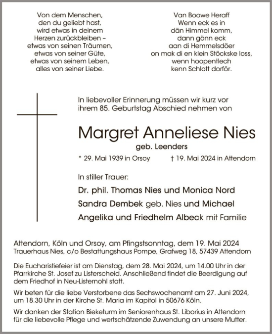 Todesanzeige von Margret Anneliese Nies von WA