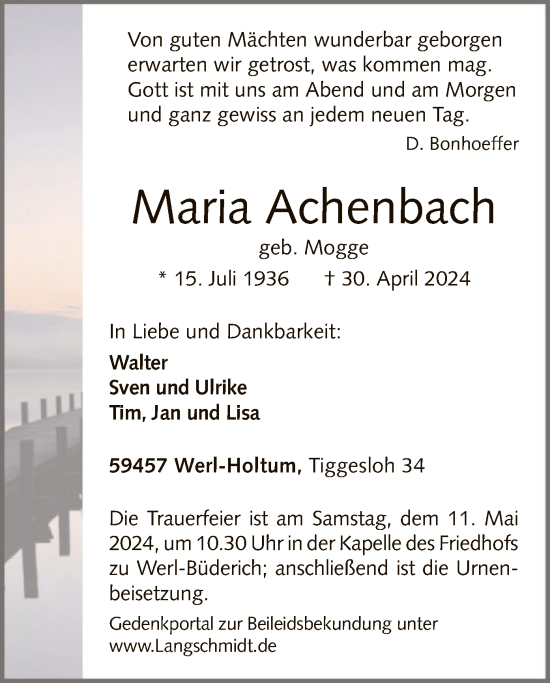 Todesanzeige von Maria Achenbach von WA