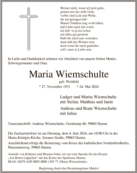 Todesanzeige von Maria Wiemschulte von WA