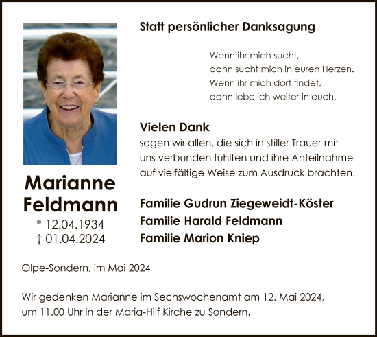 Todesanzeige von Marianne Feldmann von WA