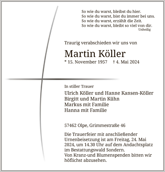 Todesanzeige von Martin Köller von WA