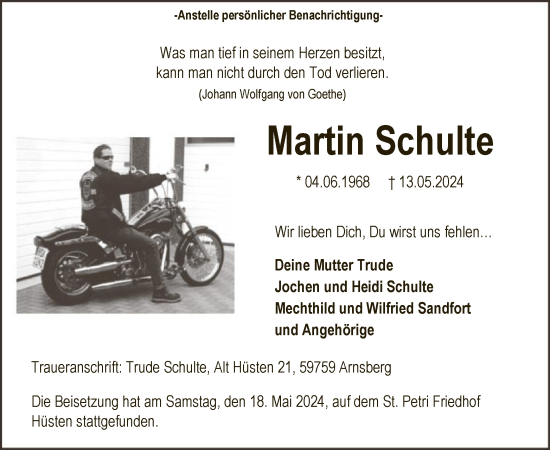Todesanzeige von Martin Schulte von WA