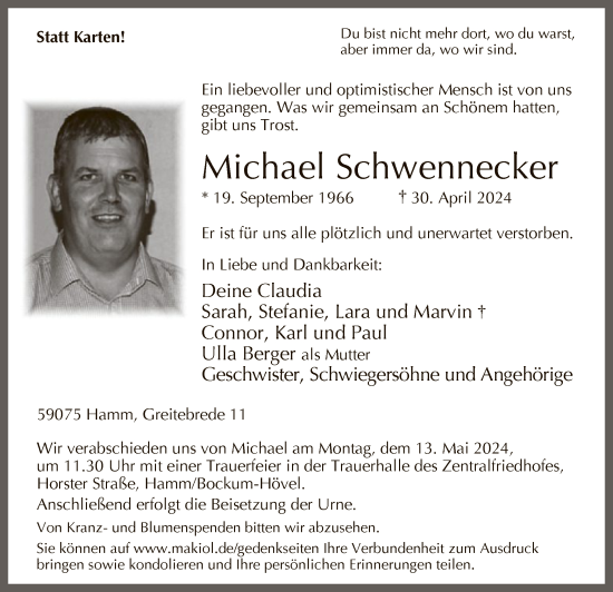 Todesanzeige von Michael Schwennecker von WA