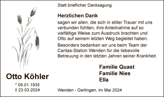 Todesanzeige von Otto Köhler von WA