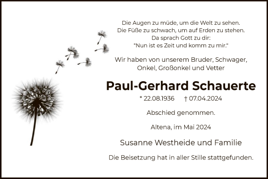 Todesanzeige von Paul-Gerhard Schauerte von WA