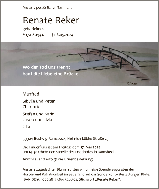 Todesanzeige von Renate Reker von WA